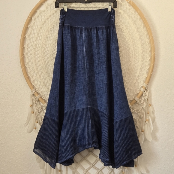 Oizino Linen Boho Lagenlook Asymmetrical Hem Pockets Blue Midi Maxi Skirt M - Picture 2 of 10